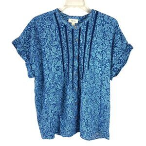 Style & Co Blue Paisley Short Sleeve Cotton Peasant Top Cottagecore Prairie